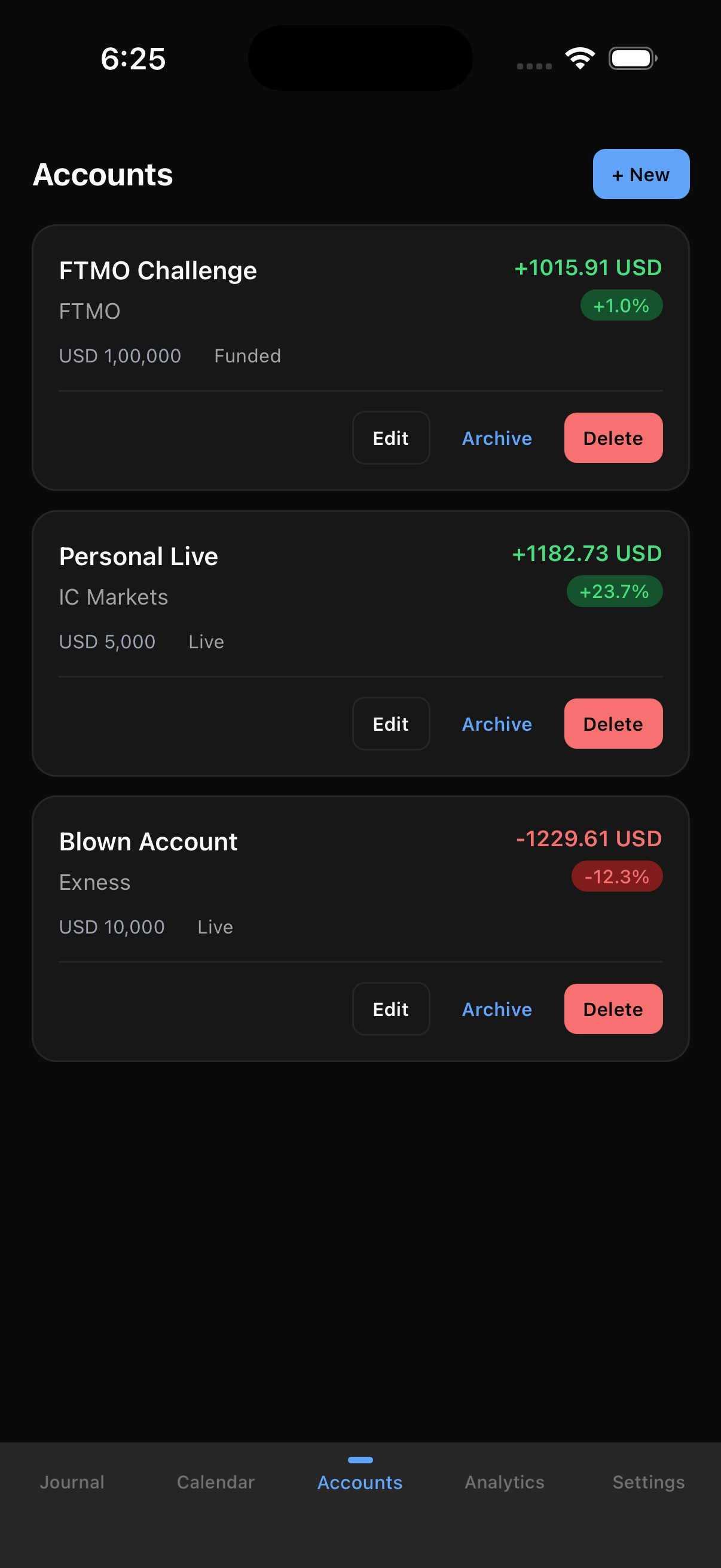 Accounts screen listing an FTMO Challenge, a Personal Live IC Markets account, and an Exness account with balances and returns
