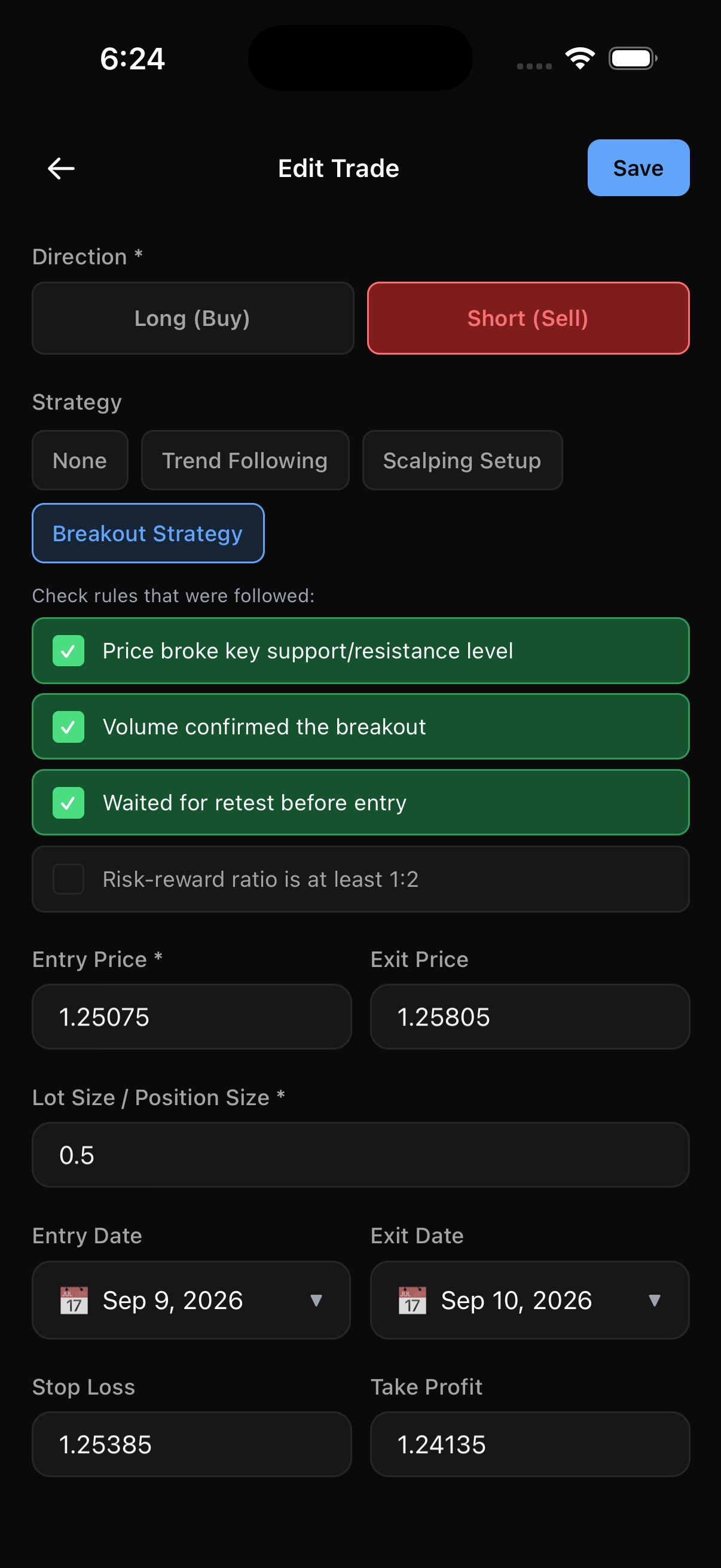 Edit trade screen with direction, strategy selection, a checklist of followed rules, and price fields