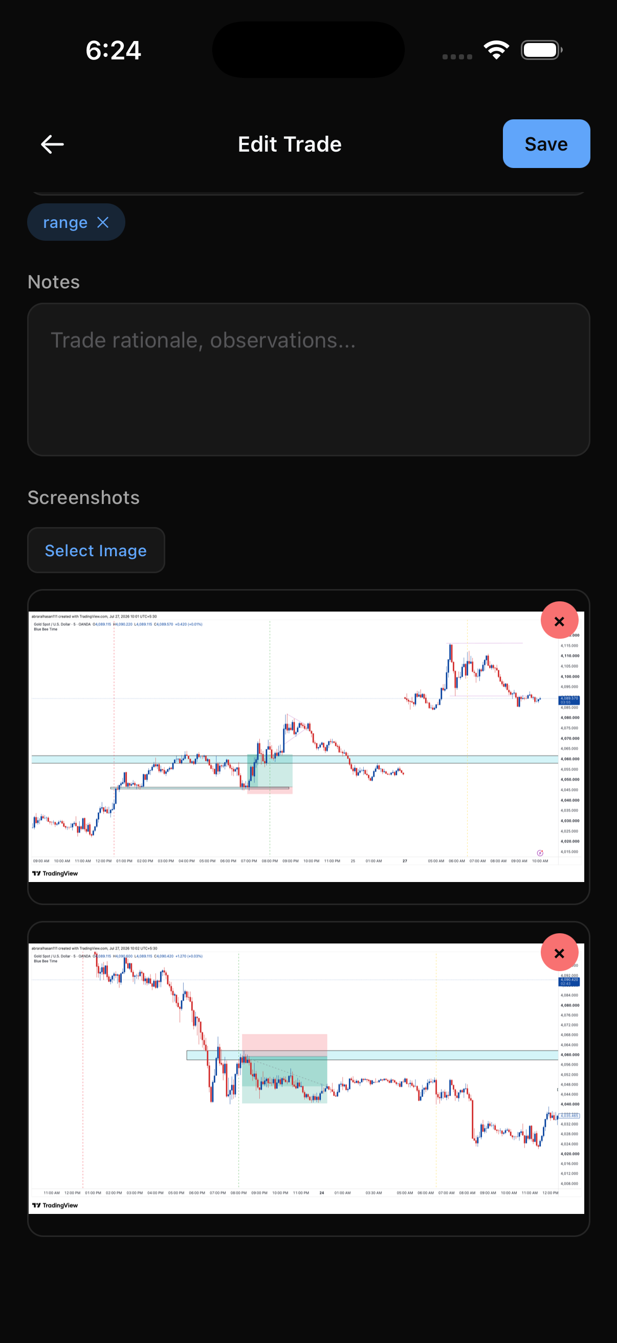 Edit trade screen showing notes, tags, and attached TradingView chart screenshots